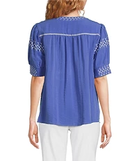 Ali Miles Embroidered Split V-Neck Elbow Sleeve Tunic
