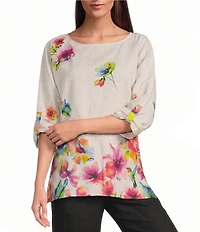 Ali Miles Floral Border Print Round Neck 3/4 Dolman Sleeve Top