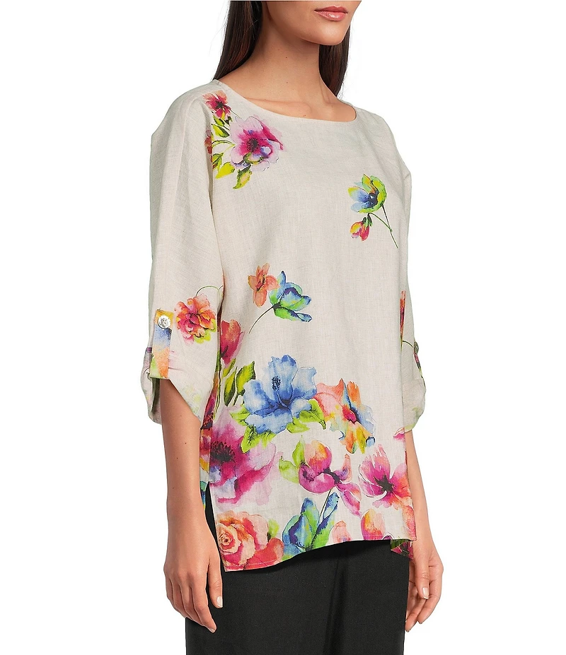 Ali Miles Floral Border Print Round Neck 3/4 Dolman Sleeve Top