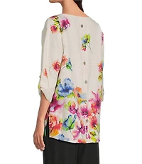 Ali Miles Floral Border Print Round Neck 3/4 Dolman Sleeve Top