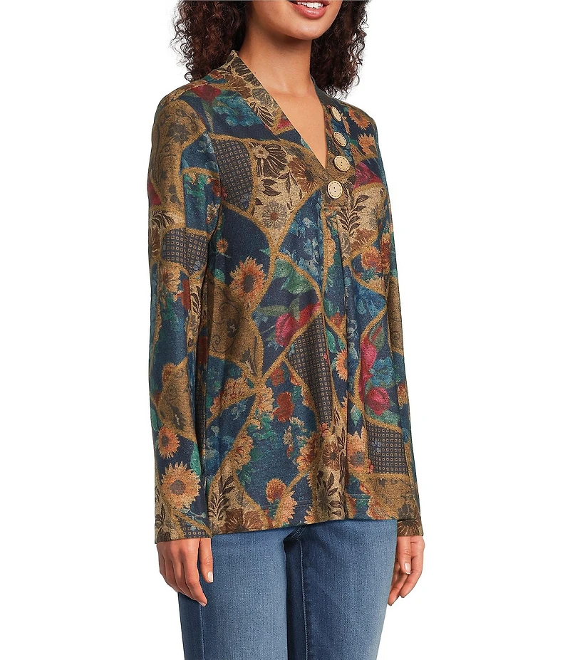 Ali Miles Floral Geometric Tapestry Print V-Neck Long Sleeve Knit Tunic