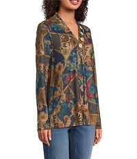 Ali Miles Floral Geometric Tapestry Print V-Neck Long Sleeve Knit Tunic