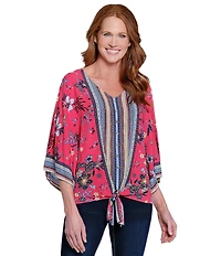 Ali Miles Floral Print V-Neck 3/4 Sleeve Front Tie Tunic