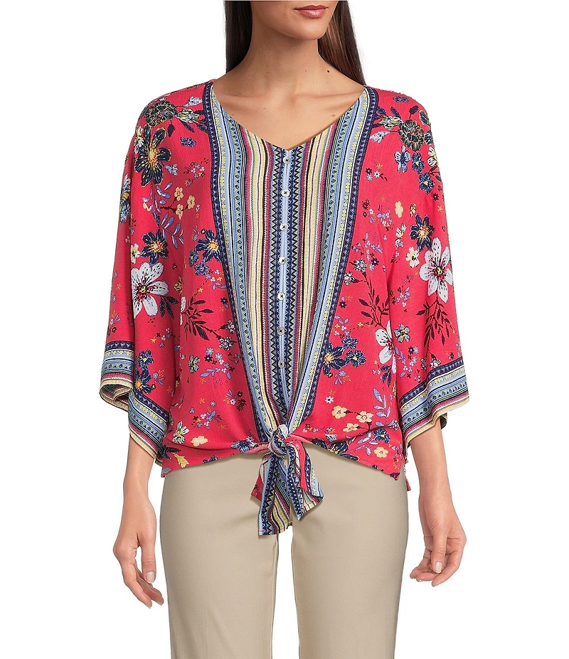 Ali Miles Floral Print V-Neck 3/4 Sleeve Front Tie Tunic