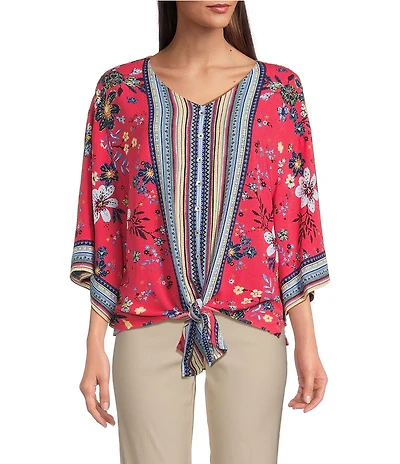 Ali Miles Floral Print V-Neck 3/4 Sleeve Front Tie Tunic