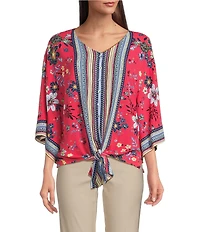 Ali Miles Floral Print V-Neck 3/4 Sleeve Front Tie Tunic
