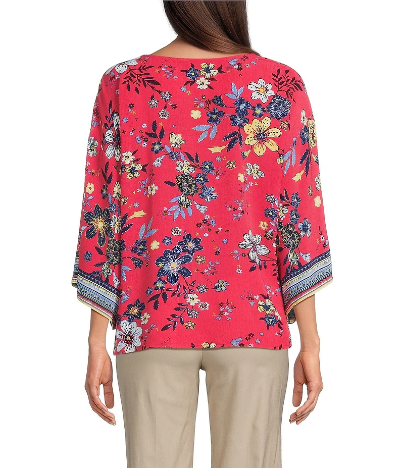 Ali Miles Floral Print V-Neck 3/4 Sleeve Front Tie Tunic