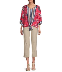 Ali Miles Floral Print V-Neck 3/4 Sleeve Front Tie Tunic