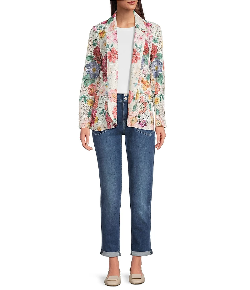 Ali Miles Floral Printed Lace Sequin Detail Point Collar Long Sleeve Button Front Jacket