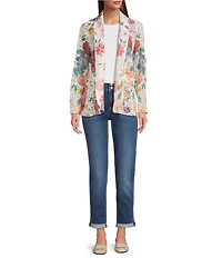 Ali Miles Floral Printed Lace Sequin Detail Point Collar Long Sleeve Button Front Jacket