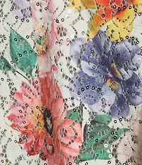 Ali Miles Floral Printed Lace Sequin Detail Point Collar Long Sleeve Button Front Jacket