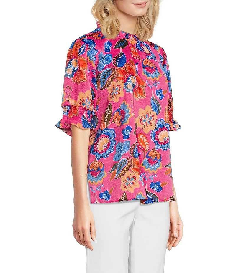 Ali Miles Floral Ruffle Round Neck Elbow Sleeve Print Popover Tunic