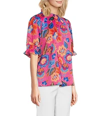 Ali Miles Floral Ruffle Round Neck Elbow Sleeve Print Popover Tunic