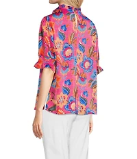 Ali Miles Floral Ruffle Round Neck Elbow Sleeve Print Popover Tunic