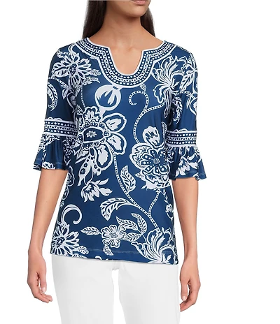 Ali Miles Floral U-Shaped Neck Elbow Sleeve Tunic