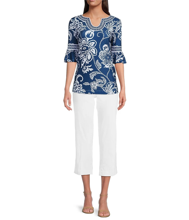 Ali Miles Floral U-Shaped Neck Elbow Sleeve Tunic