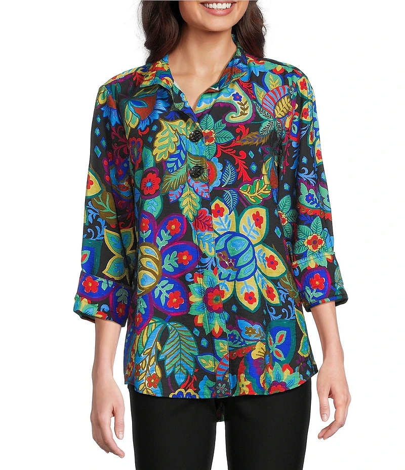 Ali Miles Floral Wire Collar 3/4 Sleeve Button-Front Tunic