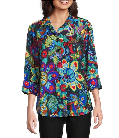 Ali Miles Floral Wire Collar 3/4 Sleeve Button-Front Tunic