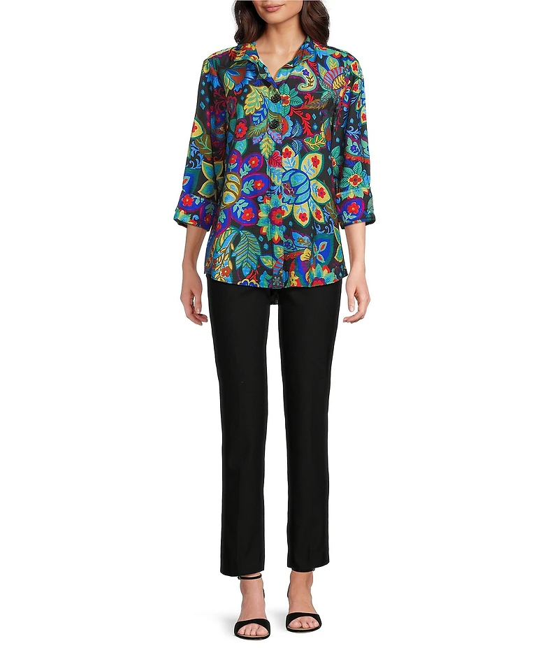 Ali Miles Floral Wire Collar 3/4 Sleeve Button-Front Tunic