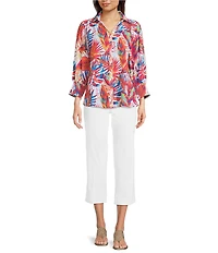 Ali Miles Floral Woven Point Collar 3/4 Sleeve Tunic