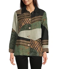 Ali Miles Geometric Patchwork Point Collar Long Sleeve Embroidered Trim Button Front Jacket