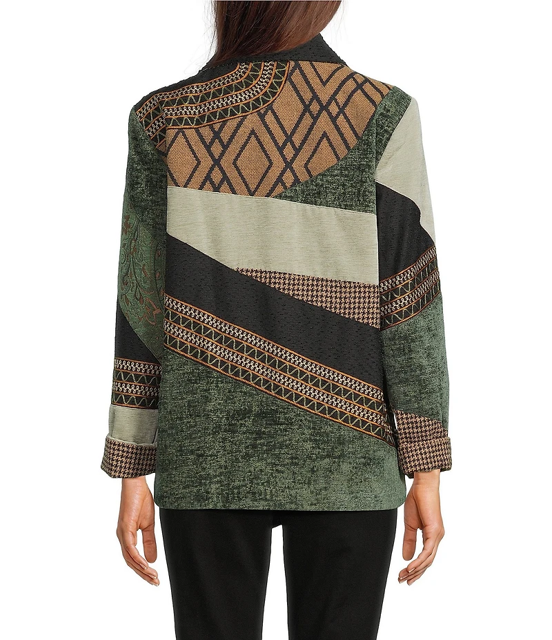 Ali Miles Geometric Patchwork Point Collar Long Sleeve Embroidered Trim Button Front Jacket