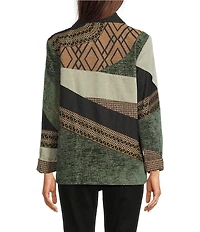 Ali Miles Geometric Patchwork Point Collar Long Sleeve Embroidered Trim Button Front Jacket