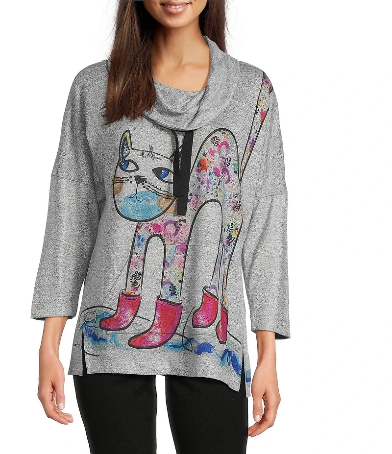 Ali Miles Hatchi Knit Novelty Cat Print Front And Back Cowl Neck 3/4 Dolman Sleeve Top