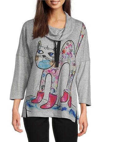 Ali Miles Hatchi Knit Novelty Cat Print Front And Back Cowl Neck 3/4 Dolman Sleeve Top