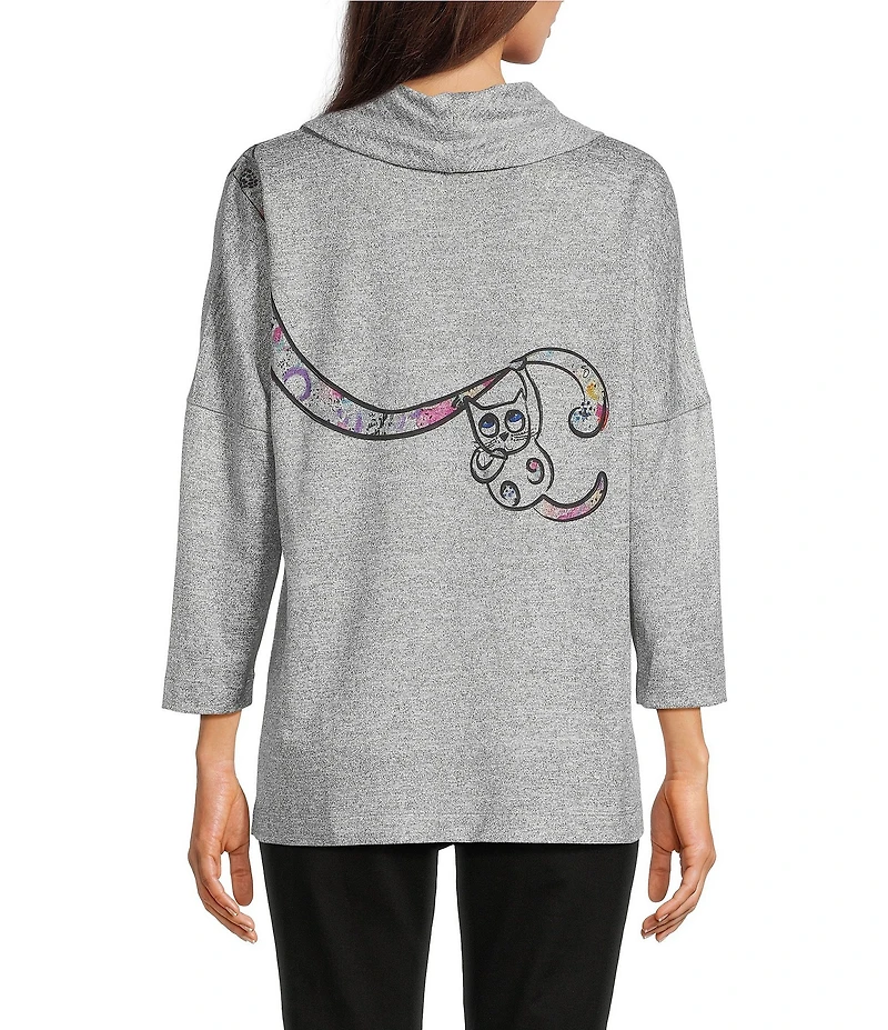 Ali Miles Hatchi Knit Novelty Cat Print Front And Back Cowl Neck 3/4 Dolman Sleeve Top