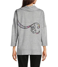 Ali Miles Hatchi Knit Novelty Cat Print Front And Back Cowl Neck 3/4 Dolman Sleeve Top