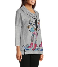 Ali Miles Hatchi Knit Novelty Cat Print Front And Back Cowl Neck 3/4 Dolman Sleeve Top