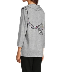 Ali Miles Hatchi Knit Novelty Cat Print Front And Back Cowl Neck 3/4 Dolman Sleeve Top