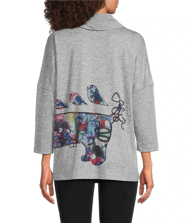 Ali Miles Hatchi Knit Novelty Dog Print Cowl Neck 3/4 Sleeve Tunic