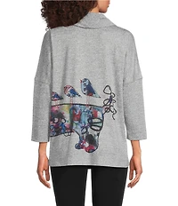 Ali Miles Hatchi Knit Novelty Dog Print Cowl Neck 3/4 Sleeve Tunic