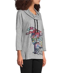 Ali Miles Hatchi Knit Novelty Dog Print Cowl Neck 3/4 Sleeve Tunic
