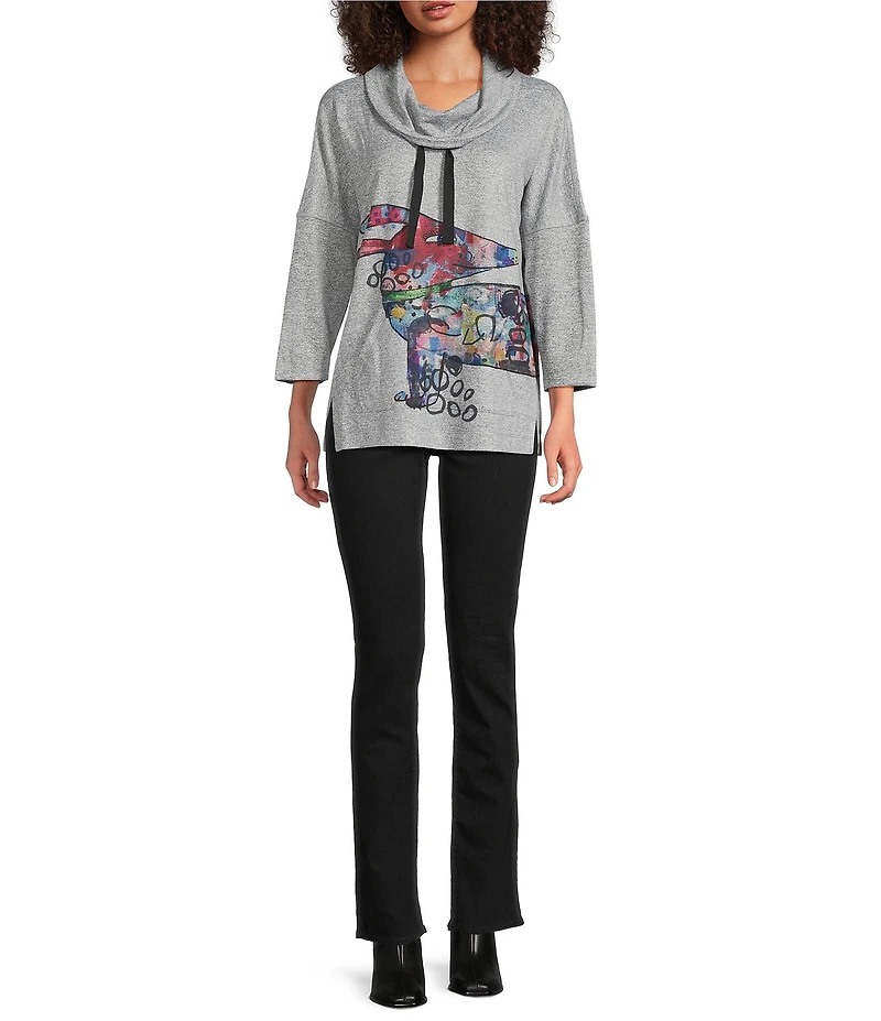 Ali Miles Hatchi Knit Novelty Dog Print Cowl Neck 3/4 Sleeve Tunic