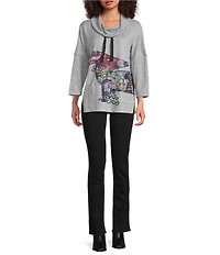 Ali Miles Hatchi Knit Novelty Dog Print Cowl Neck 3/4 Sleeve Tunic