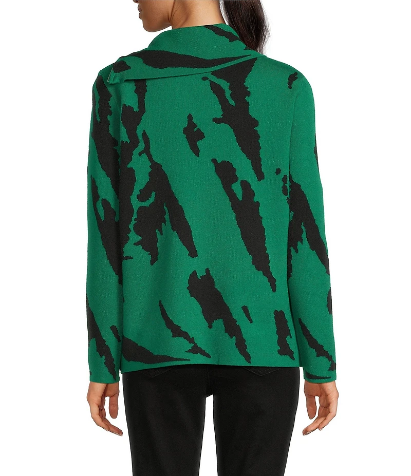 Ali Miles Jacquard Knit Abstract Stripe Split Cowl Zipper Neck Long Sleeve Pop-Over Sweater