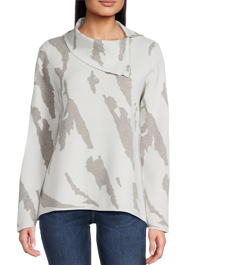 Ali Miles Jacquard Knit Abstract Stripe Split Cowl Zipper Neck Long Sleeve Pop-Over Sweater