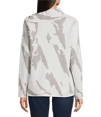 Ali Miles Jacquard Knit Abstract Stripe Split Cowl Zipper Neck Long Sleeve Pop-Over Sweater