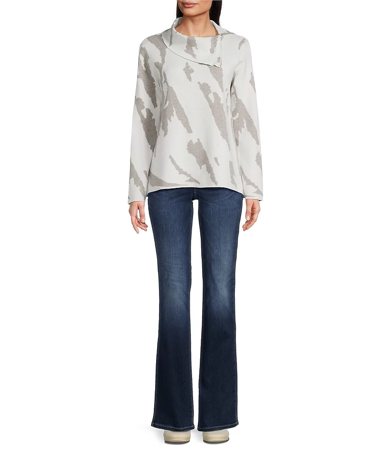 Ali Miles Jacquard Knit Abstract Stripe Split Cowl Zipper Neck Long Sleeve Pop-Over Sweater