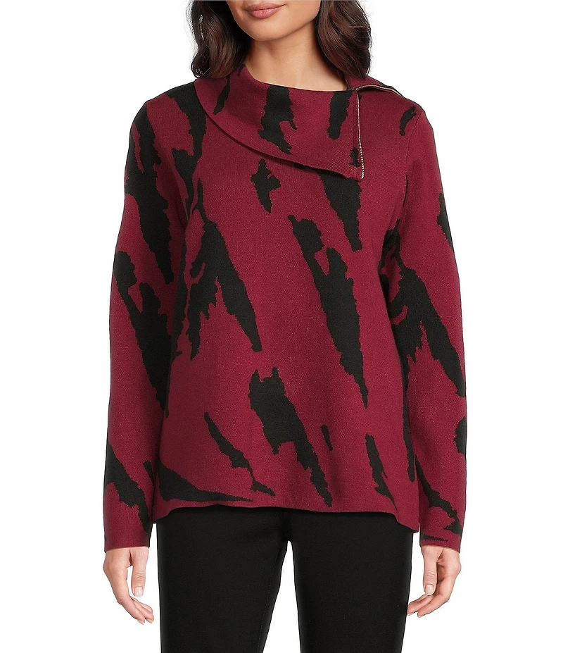 Ali Miles Jacquard Knit Abstract Stripe Split Cowl Zipper Neck Long Sleeve Pop-Over Sweater