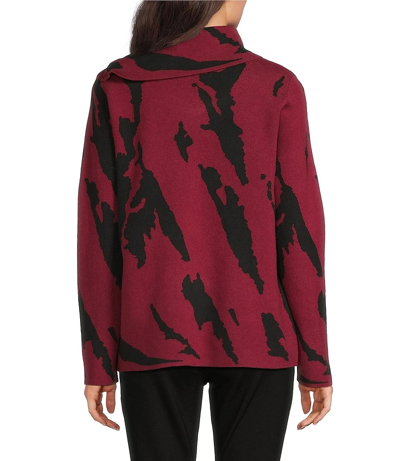 Ali Miles Jacquard Knit Abstract Stripe Split Cowl Zipper Neck Long Sleeve Pop-Over Sweater