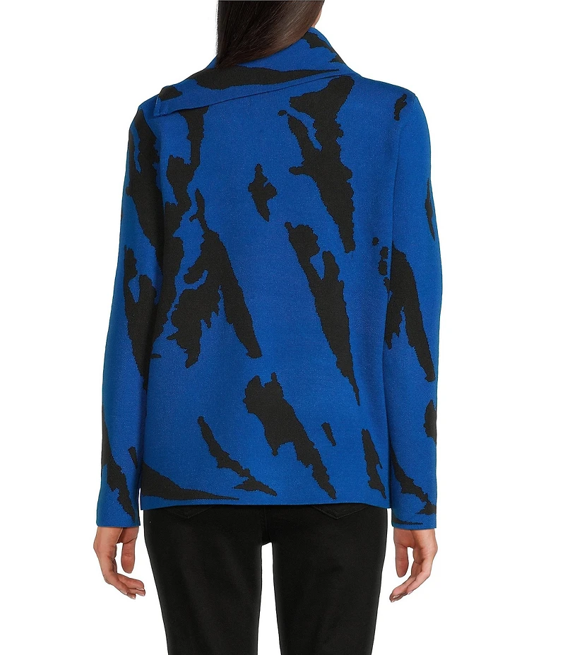 Ali Miles Jacquard Knit Abstract Stripe Split Cowl Zipper Neck Long Sleeve Pop-Over Sweater