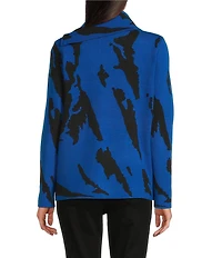 Ali Miles Jacquard Knit Abstract Stripe Split Cowl Zipper Neck Long Sleeve Pop-Over Sweater