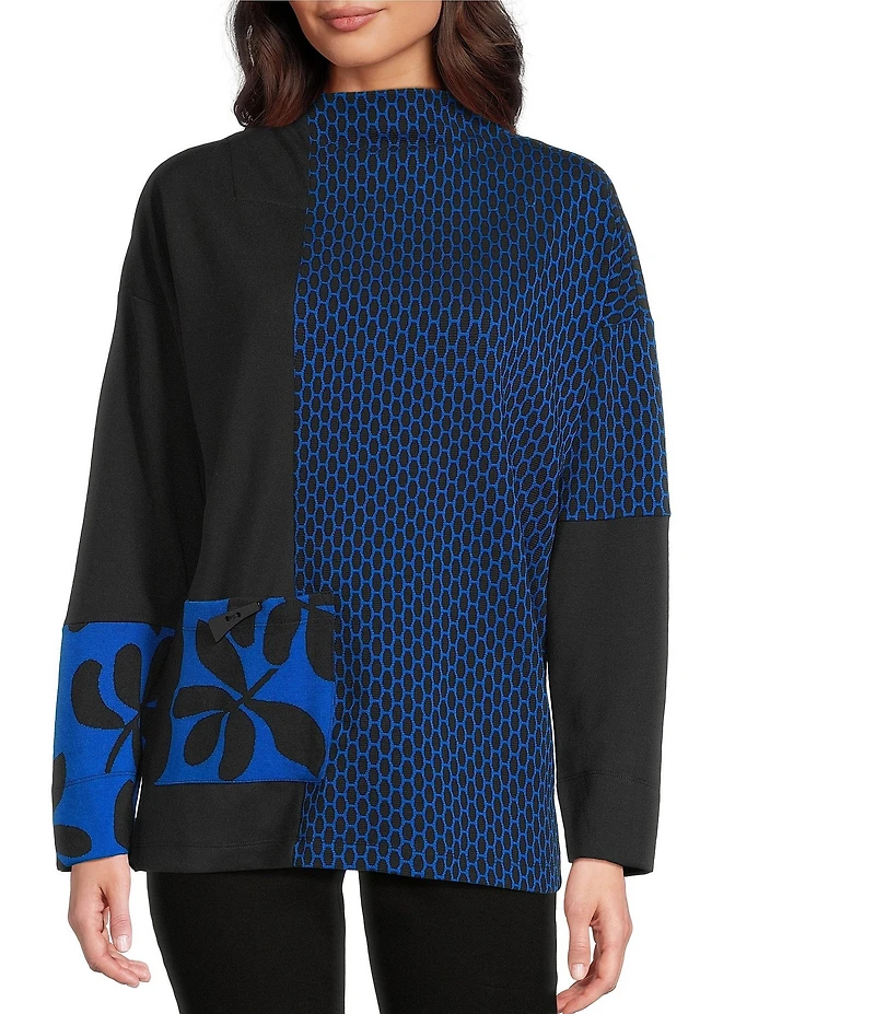 Ali Miles Jacquard Knit Funnel Neck Long Sleeve Tunic