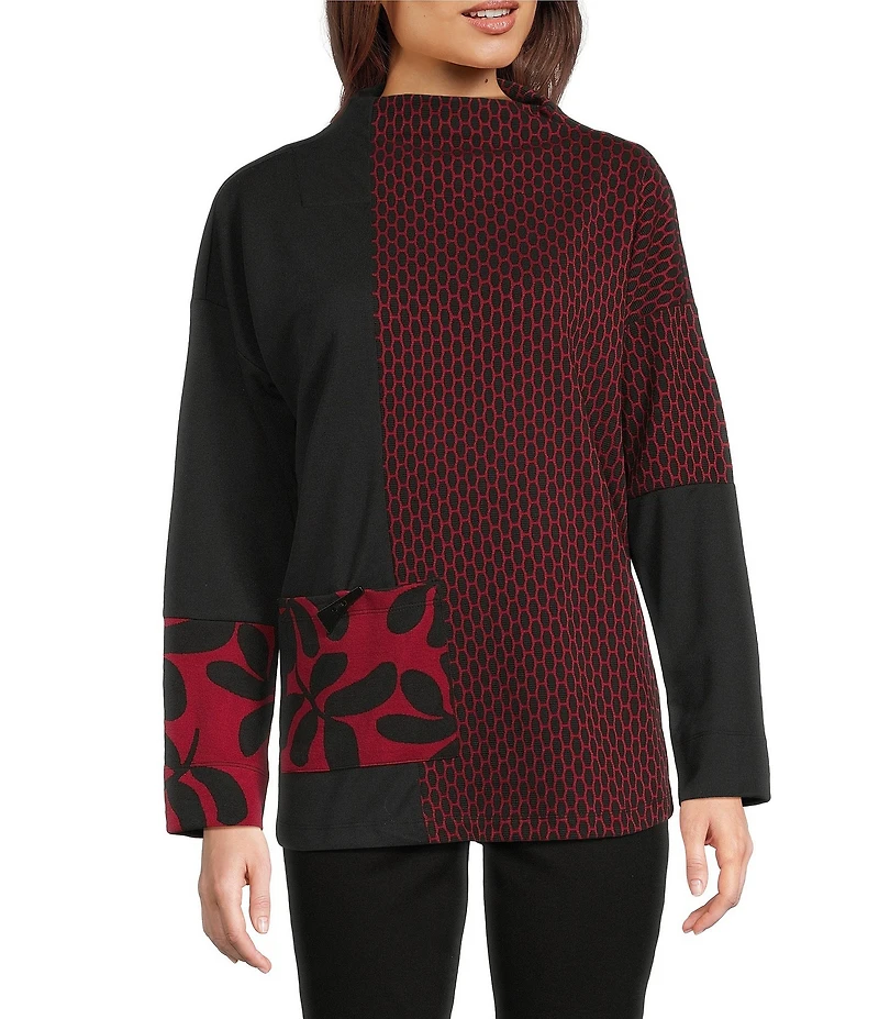 Ali Miles Jacquard Knit Funnel Neck Long Sleeve Tunic