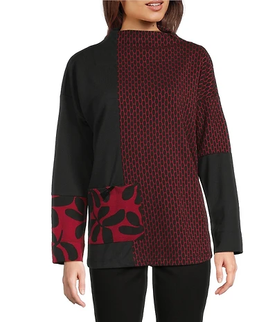 Ali Miles Jacquard Knit Funnel Neck Long Sleeve Tunic