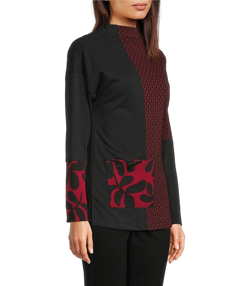 Ali Miles Jacquard Knit Funnel Neck Long Sleeve Tunic